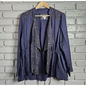 Logo Lori Goldstein Jacket Womens 12 Blue Lace Open Front Flowy Waist Cinch
